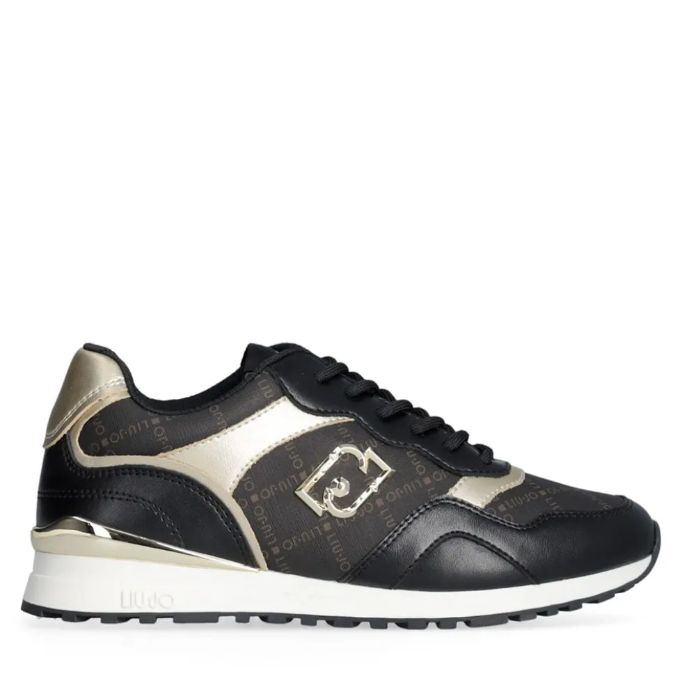 Sneakers Running LIU JO Maxi Wonder Low 02 in Pelle Nera e Inserti stampa Monogram
