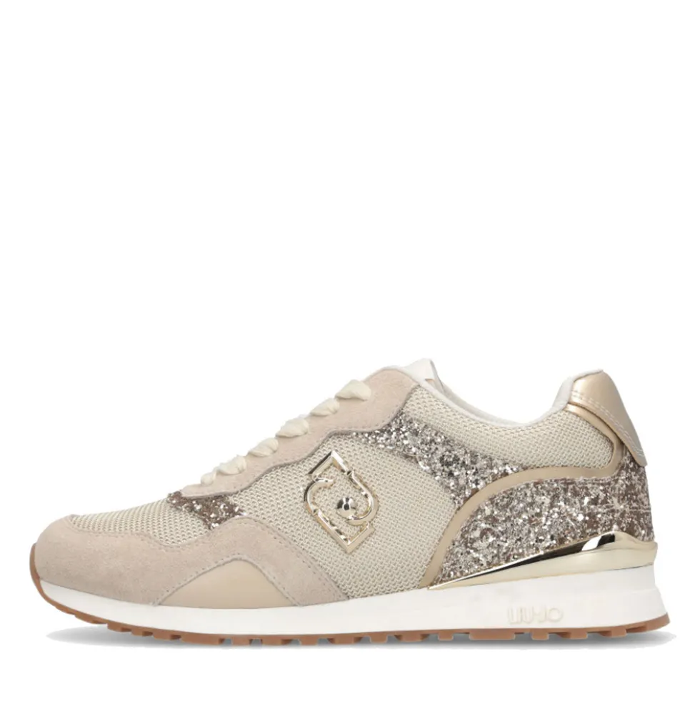 Sneakers Running LIU JO Maxi Wonder Low 02 in Glitter Mesh e Suede Corda Light Gold