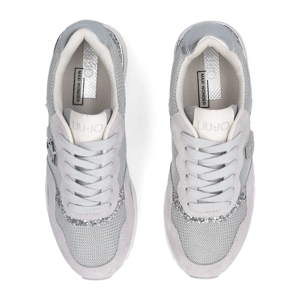 Sneakers Running LIU JO Maxi Wonder Low 02 in Glitter Mesh e Suede Loft Silver