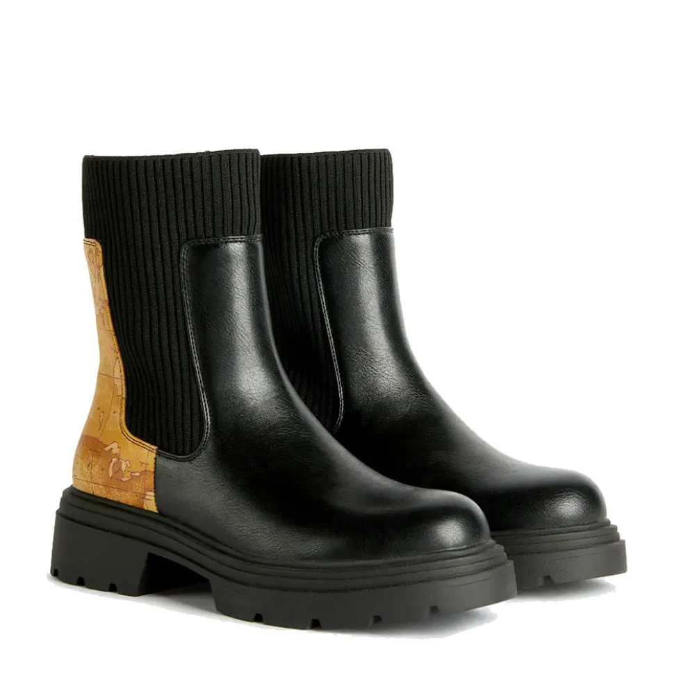 Stivaletti Beatles 1A Classe Alviero Martini in Eco Nappa Nera con Inserto in Maglia 1244