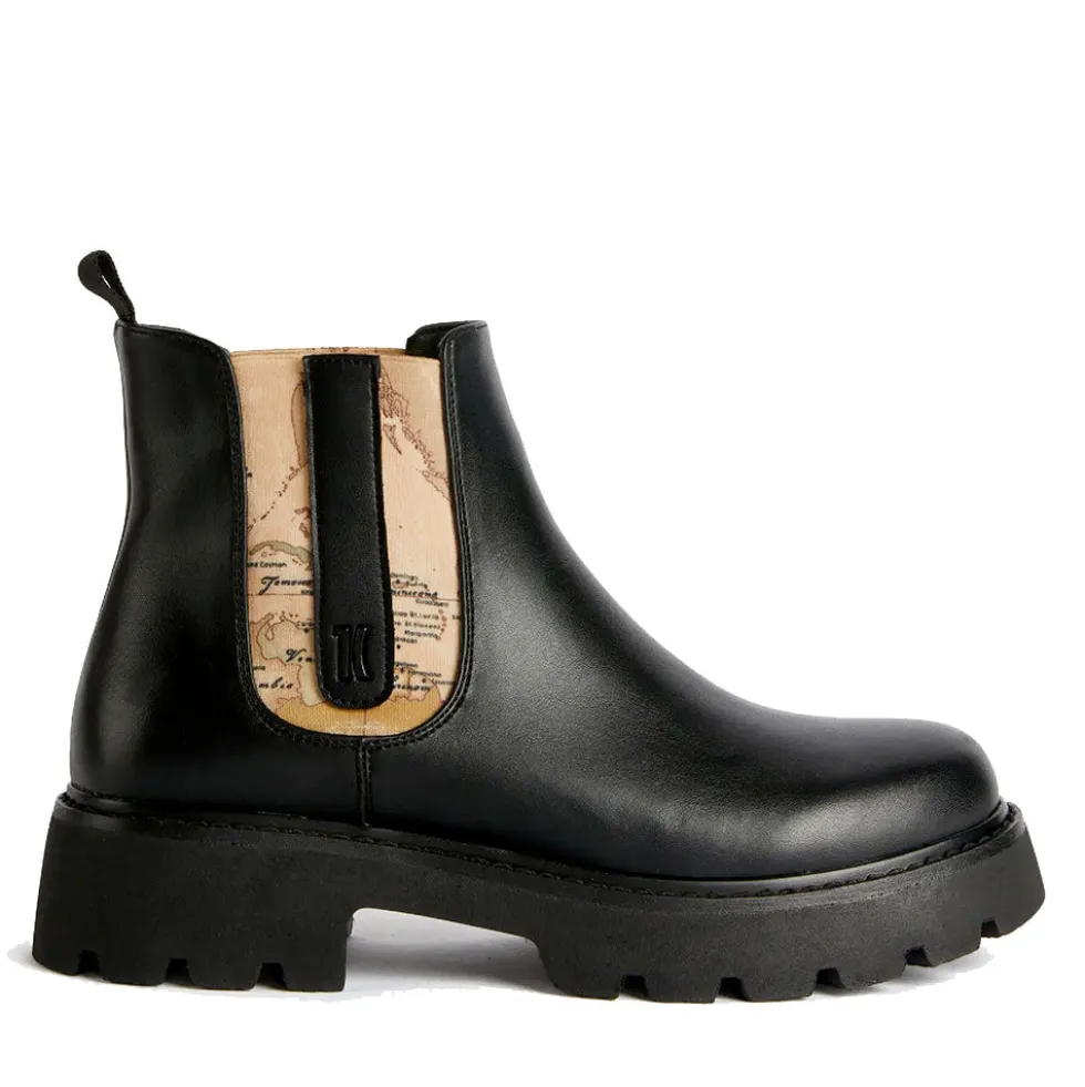 Stivaletti Beatles Donna 1A Classe Alviero Martini in Eco Nappa Nera con Inserto Elastico stampa Geo Classic 1237