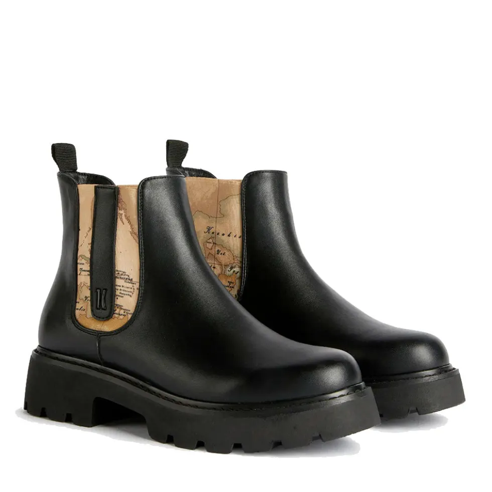 Stivaletti Beatles Donna 1A Classe Alviero Martini in Eco Nappa Nera con Inserto Elastico stampa Geo Classic 1237