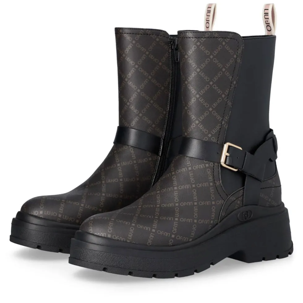 Stivaletti Donna LIU JO Andrea 03 stampa Saffiano Nera con Inserti Monogram Marrone