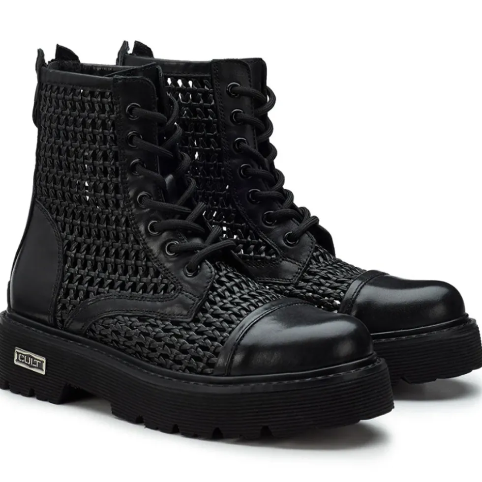 Stivali Donna CULT Slash 4218 Anfibi in Pelle Nera Intrecciata