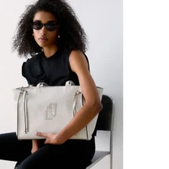 Tote Bag Large Donna LIU JO effetto Bottalato color Crema con Logo Ricamato