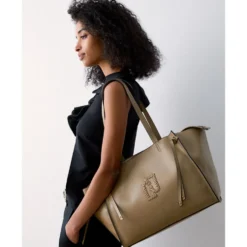Tote Bag Large Donna LIU JO effetto Bottalato color Fango con Logo Ricamato