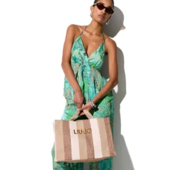 Tote Bag Large LIU JO in Canvas a Righe Blu Scuro