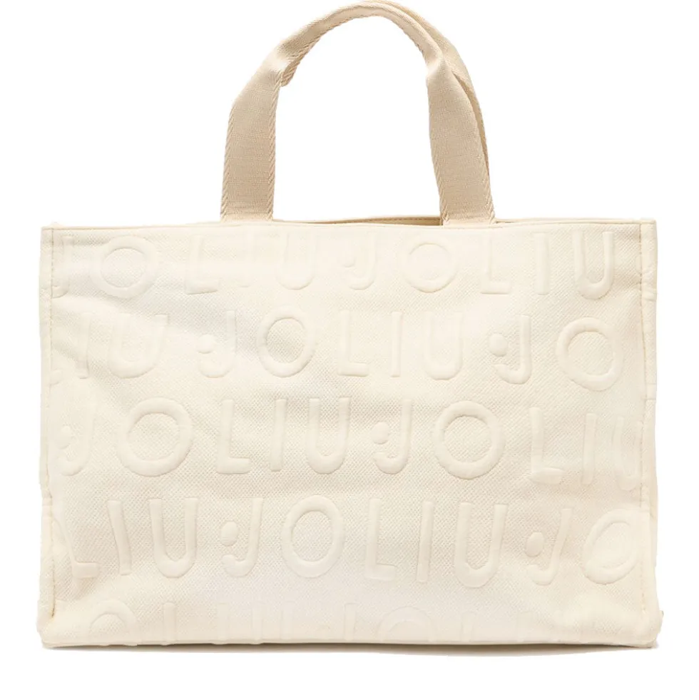 Tote Bag Large LIU JO in Maglia Bianco Panna con Logo Jacquard