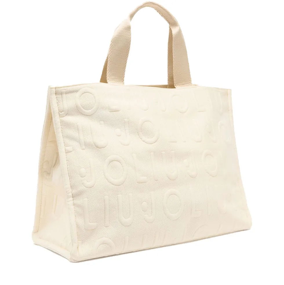 Tote Bag Large LIU JO in Maglia Bianco Panna con Logo Jacquard