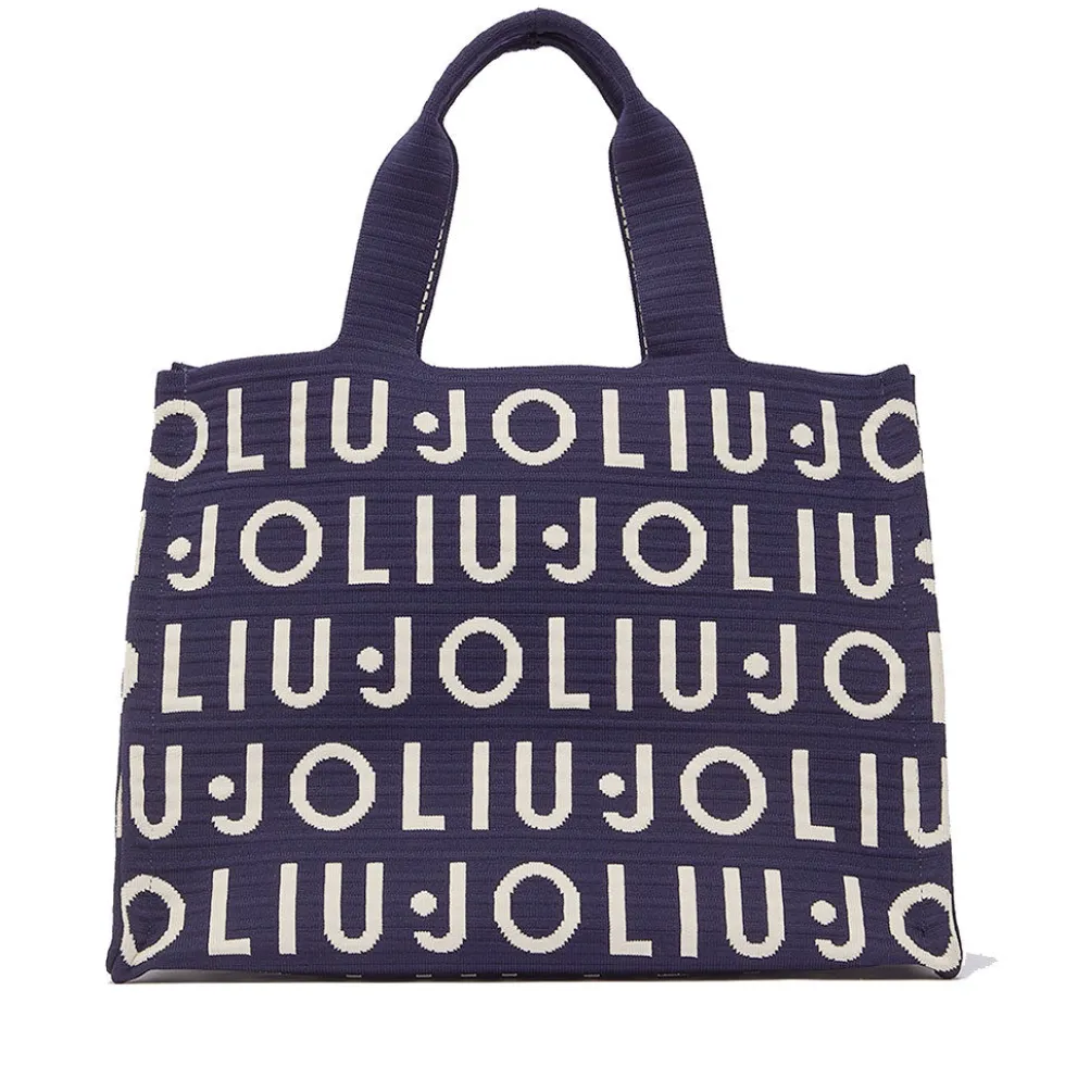 Tote Bag Large LIU JO in Maglia Blu Scuro con Logo Jacquard Bianco