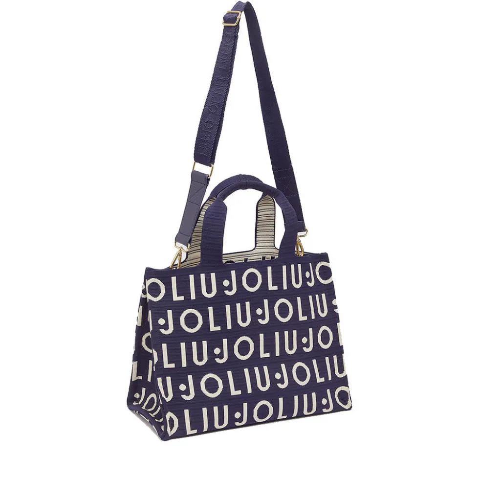 Tote Bag Large LIU JO in Maglia Blu Scuro con Logo Jacquard Bianco