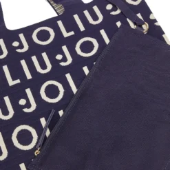 Tote Bag Large LIU JO in Maglia Blu Scuro con Logo Jacquard Bianco